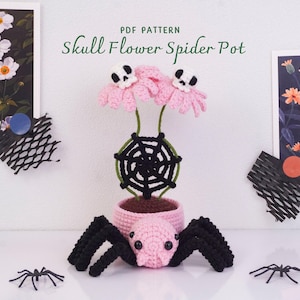 Skull Flower Spider Pot  Crochet Pattern, Halloween Flower Pot Pattern, Skull Plant Decor, Handmade Home Decor, Digital PDF Pattern