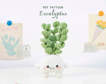 Wzór szydełkowy na eukaliptus, wzór na roślinę amigurumi, szydełkowe dekoracje do domu, instrukcje wykonania pluszowej rośliny, cyfrowy wzór w formacie PDF