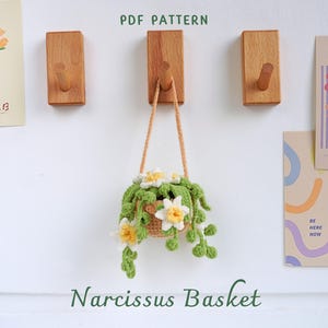 May include: A crocheted hanging basket with white and yellow narcissus flowers. The basket is hanging from a wooden hook on a white wall. The text "Narcissus Basket" is written below the basket.