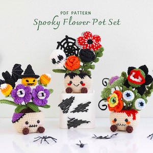 May include: A crochet PDF pattern titled Spooky Flower Pot Set featuring three beige pots with faces, filled with various yarn flowers, a skull, a spiderweb, bats, candy corn, and a green monster plant with red lips and white teeth.