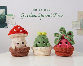 Garden Sprout Trio Crochet Patterns | Radish Pot Pattern, Mushroom Pot Pattern, Baby Cactus Pattern, Amigurumi Plant Patterns
