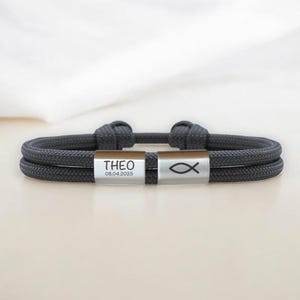 Taufarmband mit Namen und Fisch・Kommunion・Geburtstag・Schulanfang・Konfirmation・Kinderarmband・Segeltau Armband
