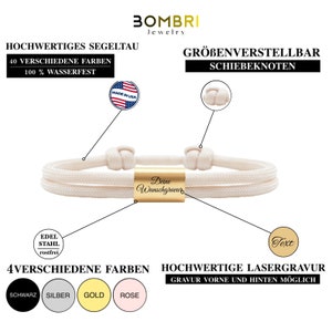 May include: Cream-colored bracelet with a gold-colored rectangular centerpiece. The bracelet is made of rope and features adjustable sliding knots. The centerpiece has the text "Deine Wunschgravur". The image also shows the text "Made in USA".