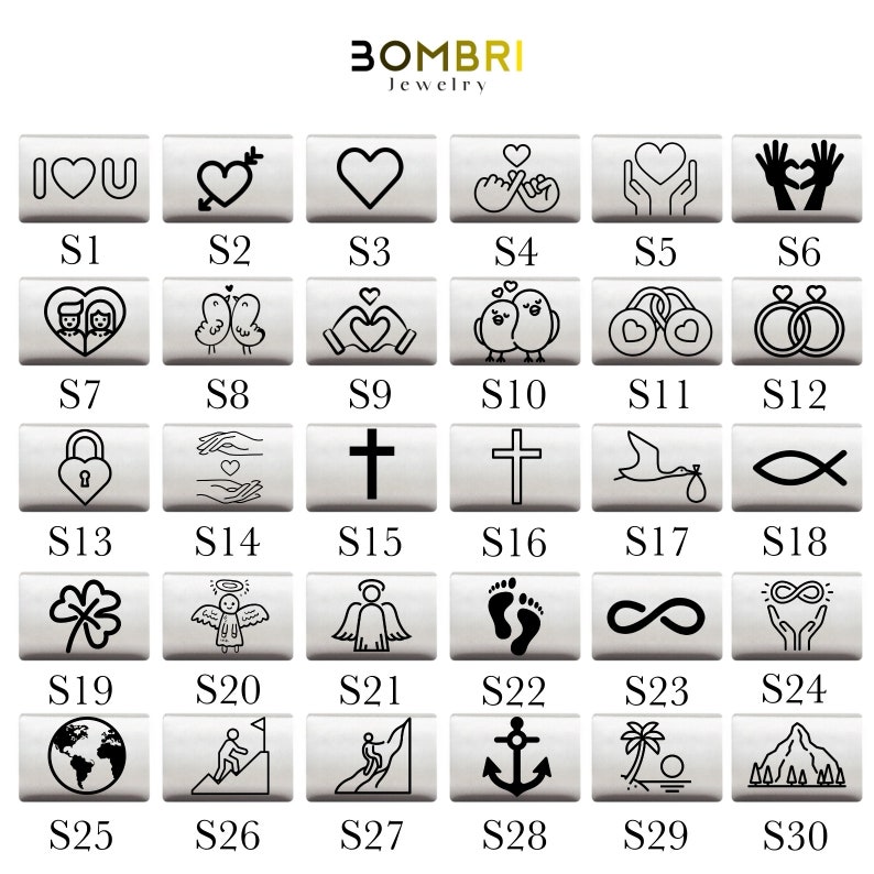 May include: A collection of silver-toned jewelry charms with various engraved designs, including hearts, crosses, and symbols of love. Each charm is labeled with a corresponding number, and the brand name "BOMBRI Jewelry" is displayed at the top.