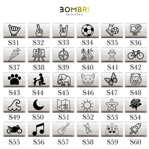 May include: A collection of silver-toned jewelry charms with various engraved designs, including hand gestures, sports equipment, and nature-themed illustrations. Each charm is labeled with a number, and the brand name "BOMBRI Jewelry" is at the top.