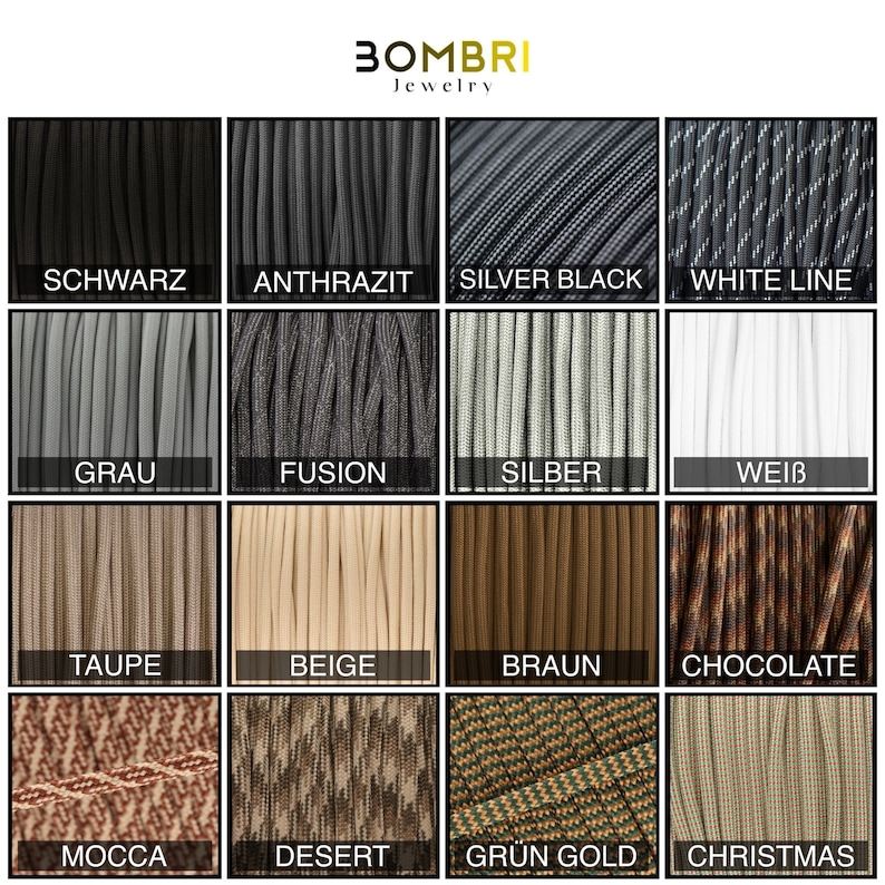 May include: A grid of various colored cords, each in a square frame. Colors include black, gray, silver, white, taupe, beige, brown, and chocolate. The text "BOMBRI Jewelry" is at the top.