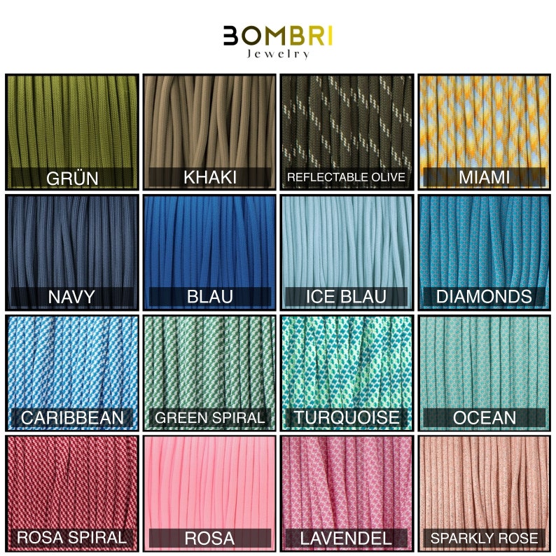 May include: A grid of colorful paracord samples, each labeled with a unique name. Colors include green, khaki, navy, blue, light blue, turquoise, pink, and others. The brand name "BOMBRI Jewelry" is at the top.
