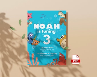 May include: A blue and orange birthday invitation with a cartoon fish, turtle, and octopus. The invitation says "NOAH is turning 3" and includes the date, time, and location of the party.
