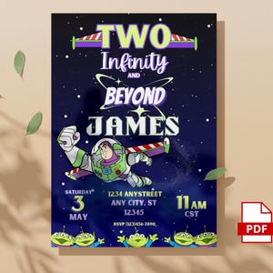 May include: A blue and purple birthday invitation with a cartoon image of Buzz Lightyear from Toy Story. The text reads "Two Infinity and Beyond James" with a date and time for the party.