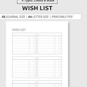 Wunschliste Journal Blatt | Mehrere Boxen für die Organisation | Shopping Bucket List | Geschenk Wunschliste Planer | A4 & A5 Druckvorlage