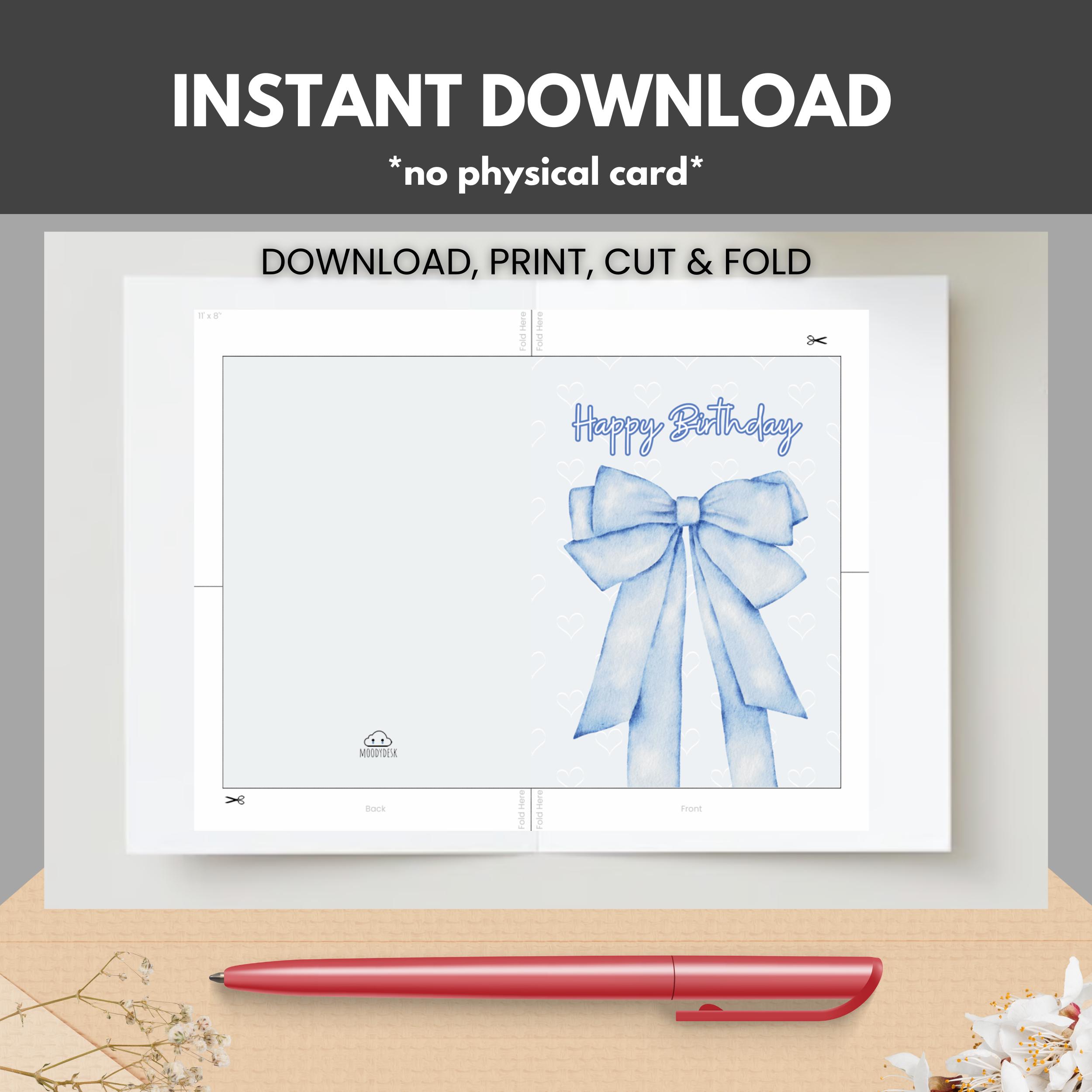 PRINTABLE Coquette Blue Bow Birthday Card Blue Ribbon Instant Download ...