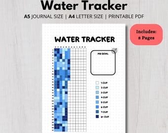 Puede incluir: Seguimiento de agua imprimible con una cuadrícula azul y blanca para realizar un seguimiento de la ingesta diaria de agua. El seguimiento incluye una sección para establecer una meta y una clave para los diferentes tamaños de taza. El texto "Seguimiento de agua" está en la parte superior de la página.