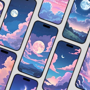 May include: A collection of phone wallpapers featuring a night sky with pink and purple clouds, stars, and a crescent moon.