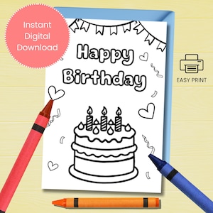 Cartão de colorir de feliz aniversário, cartão de bolo de aniversário, cartão de felicitações para download instantâneo, cartão para colorir, cartão de aniversário exclusivo