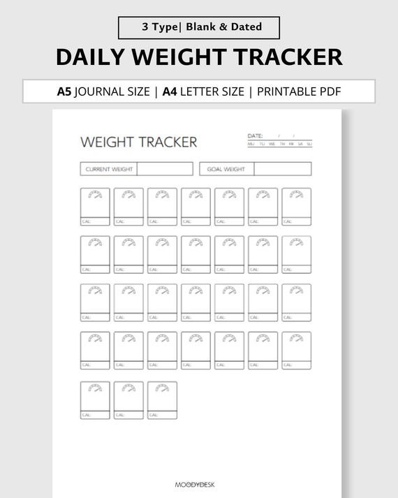Daily Monthly Weight Tracker Sheet | A4 & A5 Printable Journal Template | Dated and Blank Pages | Gym and Health, Calorie Weight Gain Loss