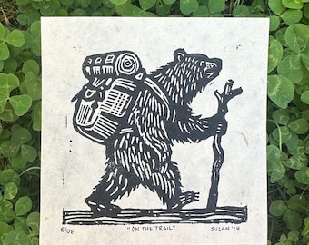 Hiking Bear Linocut Print: "On the Trail" Bear Art Decor