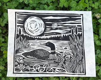 Common Loon Linocut, Loon Art Print