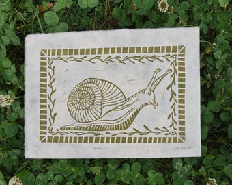 Snail Linocut Print, Snail Block Print Art