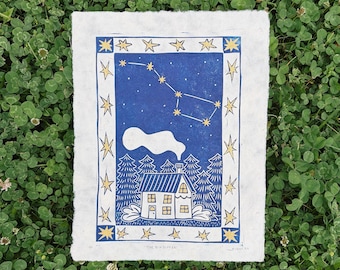 Big Dipper Linocut Print, Constellation Block Art