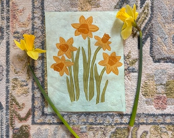 Daffodil Linocut Print: Limited Edition Floral Art on Lokta Paper