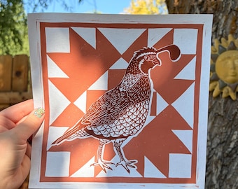 Quail Linocut Print, Handprinted Quail Block Print