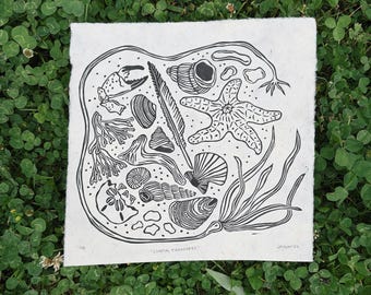 Coastal Treasures Linocut Print, Ocean/Sea Themed Block Art