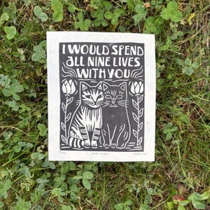 Cat Linocut Print: Valentines Day Love, Nine Lives