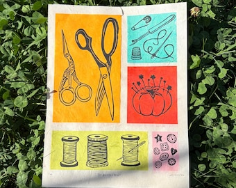 The Sewing Box Linocut Print, Sewing Room Art, Handmade Block Print