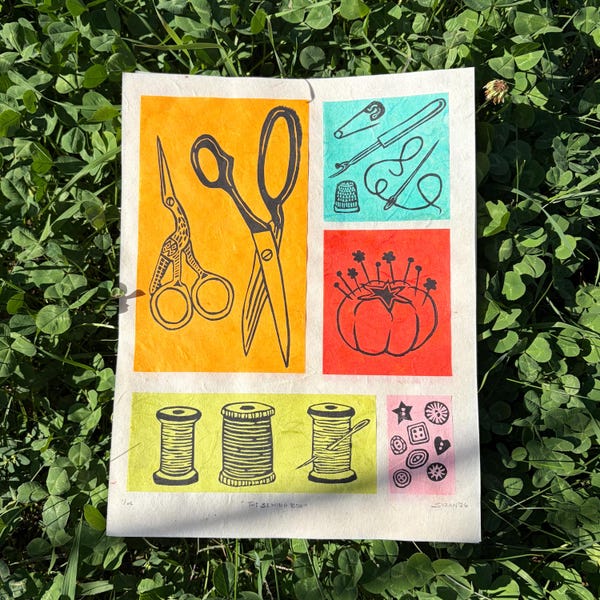 The Sewing Box Linocut Print, Sewing Room Art, Handmade Block Print