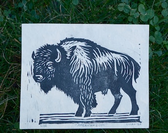 Mini Bison Linocut Print: Hand-Printed American Buffalo on Lokta Paper