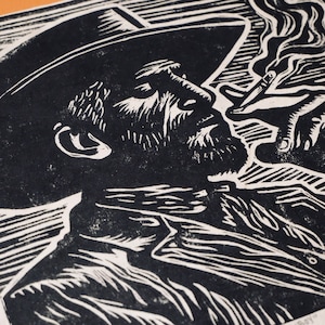 Cowboy Western Linocut Print - &quot; Lonesome Cowboy &quot;, Western Art, Western Decor