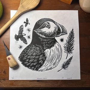Atlantic Puffin Linocut, Puffin Art Print
