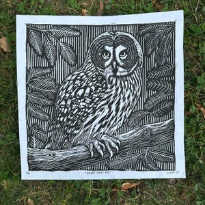 Great Grey Owl Linocut Print, Handprinted Owl Linocut Print, Great Grey Owl Art