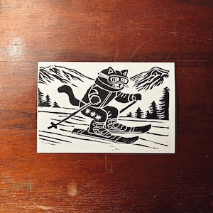 Cat Skiing Postcard, Winter Postcard, Holiday Postcard, Christmas Postcard
