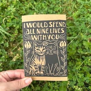 Cat Birthday Card: Block Print Anniversary Card (4x6)