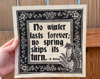 Handmade Weasel Linocut Print, Spring Art on Lokta Paper