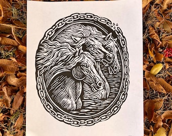 Pharoah’s Horses Linocut (My Interpretation), Handmade Original Linocut Art Print