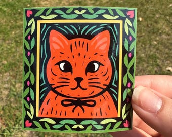 Pegatina de gato en linóleo: Retrato de gatito resistente al agua