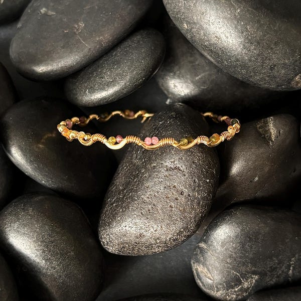 Handmade Rainbow Tourmaline Wire Bracelet – Adjustable, Tourmaline, Trendy Jewelry