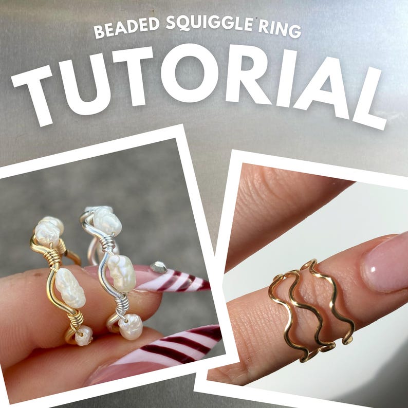 May include: Image showing three handmade rings. Two rings have a squiggly wire design with white beads. The third ring is gold-coloured with a squiggly design. The text "Beaded Squiggle Ring Tutorial" is at the top.