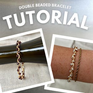 Puede incluir: Imagen que muestra un tutorial para una pulsera de doble cuenta. Una foto presenta una pulsera de alambre dorado con cuentas rojas oscuras envueltas alrededor de una botella. La otra muestra dos pulseras en una muñeca: una con cuentas plateadas y alambre dorado, y una cadena de cuerda dorada.