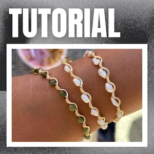 May include: Three gold-toned wire bracelets with different bead designs. One bracelet features green beads, while the other two have white pearl-like beads. The word "TUTORIAL" is written in large white letters at the top of the image.