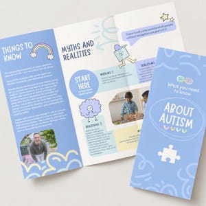 Op de afbeelding: Een drievoudig gevouwen brochure in blauw en wit met de titel "About Autism" en een oneindigheidssymbool. De brochure bevat illustraties van mensen, een regenboog en een puzzelstuk. De tekst op de brochure omvat "Things to Know", "Myths and Realities" en "What you need to know".