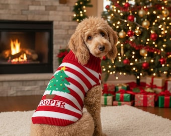 Pull de Noël personnalisé pour chien avec nom | Pull personnalisé en tricot pour animal de compagnie | Pull rouge et blanc avec chat des Fêtes | Tenue d'hiver pour animaux de compagnie