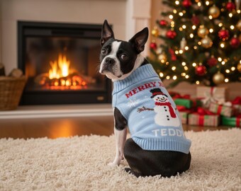 Pull de Noël personnalisé pour chien avec nom | Pull en tricot bonhomme de neige pour animal de compagnie | Tenue d'hiver personnalisée pour chat ou animal de compagnie | Pull des Fêtes
