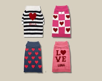 Pull personnalisé pour chien avec le nom de l'animal à rayures et motif coeur Pull personnalisé tricoté pour animal de compagnie pour chiens et chats Pull pour petit chien Pull pour grand chien