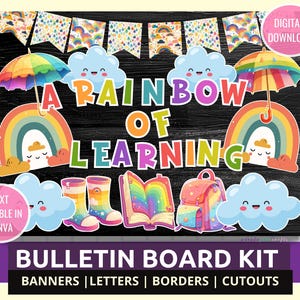Kit de quadro de avisos arco-íris Kit de quadro temático de aprendizagem arco-íris Decoração de sala de aula escolar Boletim educacional colorido Decoração de volta às aulas