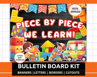 Bouwstenen bulletinboardkit, stuk voor stuk leren we klassikaal decor (digitale download)