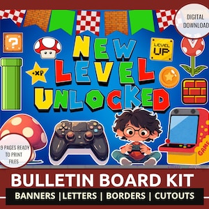 May include: A digital download bulletin board kit with a blue background and various gaming-themed graphics. The design includes the text "NEW LEVEL UNLOCKED", a controller, a mushroom, and a young person playing a game. The kit includes banners, letters, borders, and cutouts.
