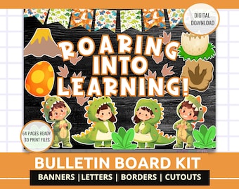 May include: A dinosaur-themed bulletin board kit. The design features the text "ROARING INTO LEARNING!" and illustrations of dinosaurs, eggs, and children in dinosaur costumes. Includes banners, letters, borders, and cutouts.